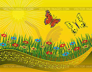 Two butterflies on blooming meadow - vector clip art