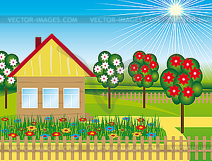 Flowers and trees near the house - vector image