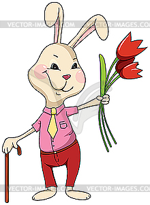 Кролик с цветами и тростью - изображение векторного клипарта