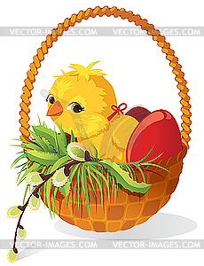 Chicken and eggs in basket - vector clip art