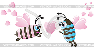 Две пчелы и сердца - векторизованное изображение клипарта