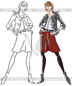 Sketch of girl - color and outline - vector clipart