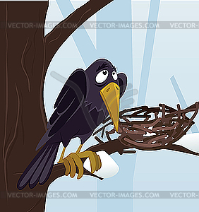 Crow in winter forest  - vector image