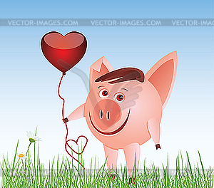 Свинья с воздушным шариком в виде сердца - клипарт