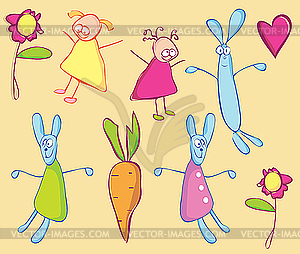Rabbits, girls and carrot - vector clip art