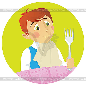Мальчик во время обеда - иллюстрация в векторном формате