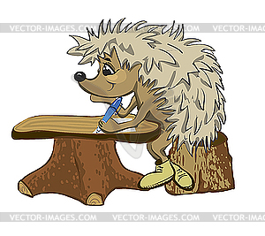 Hedgehog sits at school desk - vector image