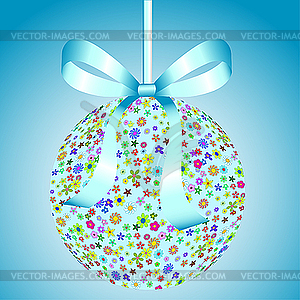 Blue Ball of Colorful Flowers with Bow - vector image