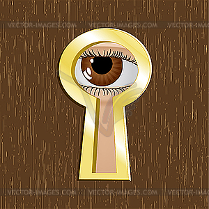 Door keyhole of golden metal with eye  - vector image