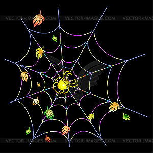 Yellow spider on web on black - vector EPS clipart