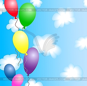 Colourful balloons in the blue sky with clouds - color vector clipart