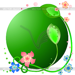 Round green frame with flowers and leaves - vector clipart