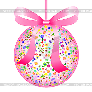Pink Ball of Colorful Flowers with Bow - vector clip art