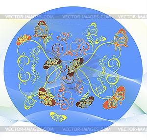 Flowers and butterflies on the blue background - vector clipart