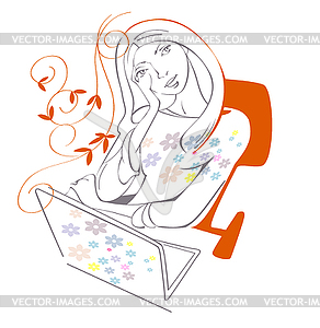 Girl with laptop - vector image