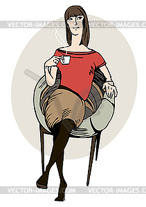 Graphic portrait of young girl with cup of coffee - vector image