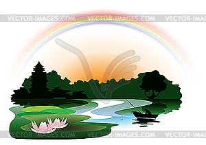 Evening over the forest lake - vector image