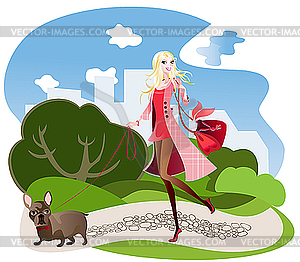 Walking with black French Bulldog - vector clipart