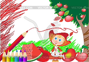 Red pencil and girl - vector image