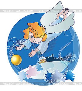 Маленький ангел и новогодний шар - векторное изображение клипарта