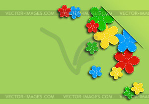 Greeting card with colored flowers on green background - vector clipart