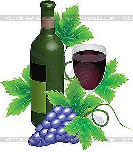 Bottle and glass of red wine with grapes - vector image