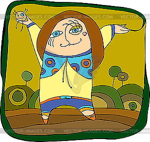 Carefree girl walking in park - vector clipart / vector image