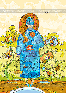 Цветочная девушка с клеткой - векторное изображение