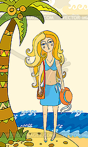 Girl under palm at sea - vector image