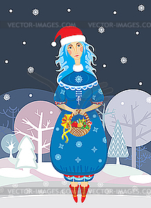 Xmas girl in forest at night - vector clipart