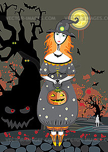 Halloween witch in cemetery at night - vector clipart