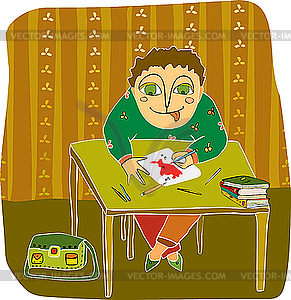 Boy drawing at table - vector clipart