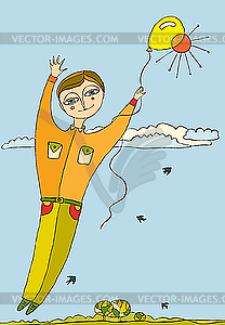 Boy flies on air balloon - vector clip art