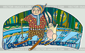 Мальчик с зайцем на лыжах в зимнем лесу - изображение в формате EPS