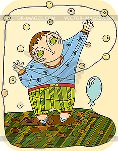 Boy plays with air balloon - color vector clipart