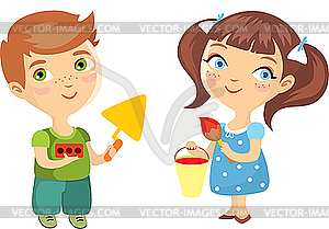 Boy builder and girl painter - vector clip art