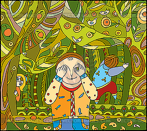 Children play in forest - vector clipart / vector image