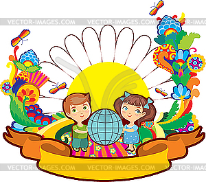 Children world flower label - vector clipart