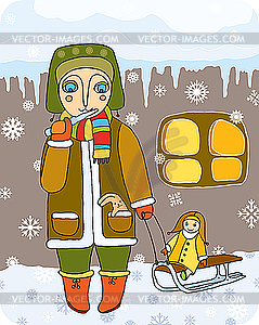 Girl with sled in winter - vector clip art