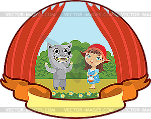 Little red riding hood and wolf in children`s theater - vector image