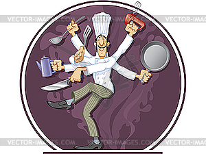 Multihanded dancing cook - stock vector clipart