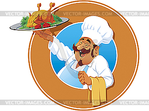 Jolly cook with roasted chicken - vector image