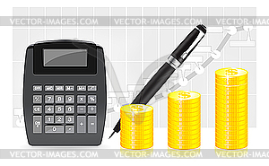 Coin, pen and calculator - vector clipart