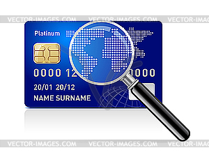 Credit card with magnifying glass - vector image