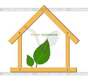 Wooden house and green leaves - vector clipart