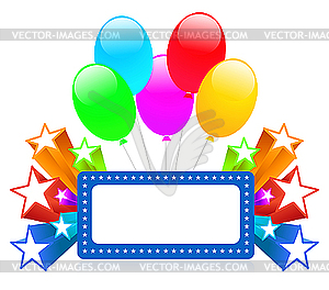 Balloons decoration with blank banner and shining stars - color vector clipart