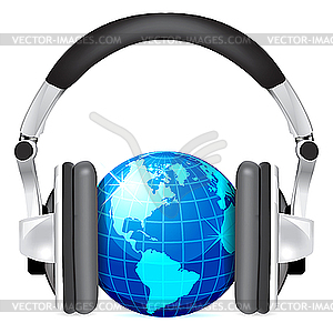 Globe with headphones - color vector clipart