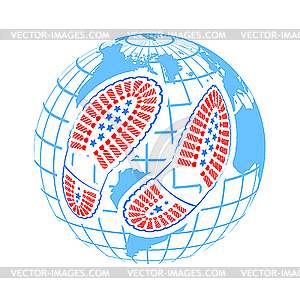 Illustration of pair of foot prints around globe - vector clipart / vector image