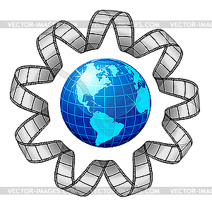 Earth wrapped in film with images - color vector clipart