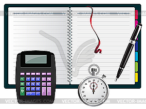 Note with calculator, pen and stopwatch - vector clipart